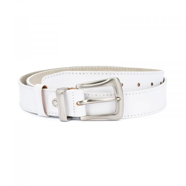 Mens White Leather Belt With Silver Buckle 1