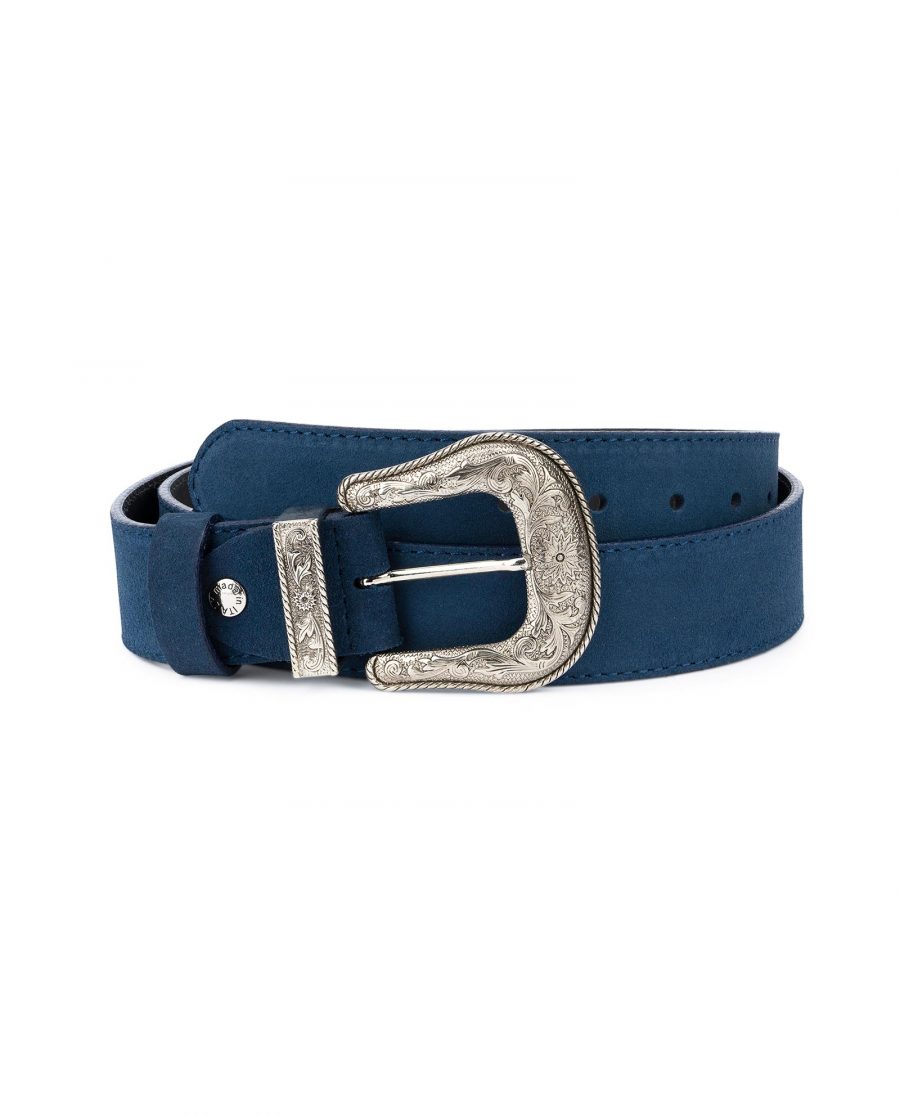 Western Cowboy Belt Blue Suede Leather 1
