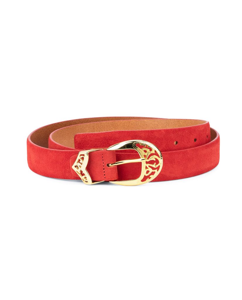 Buy Womens Red Suede Belt with Gold buckle | LeatherBeltsOnline.com