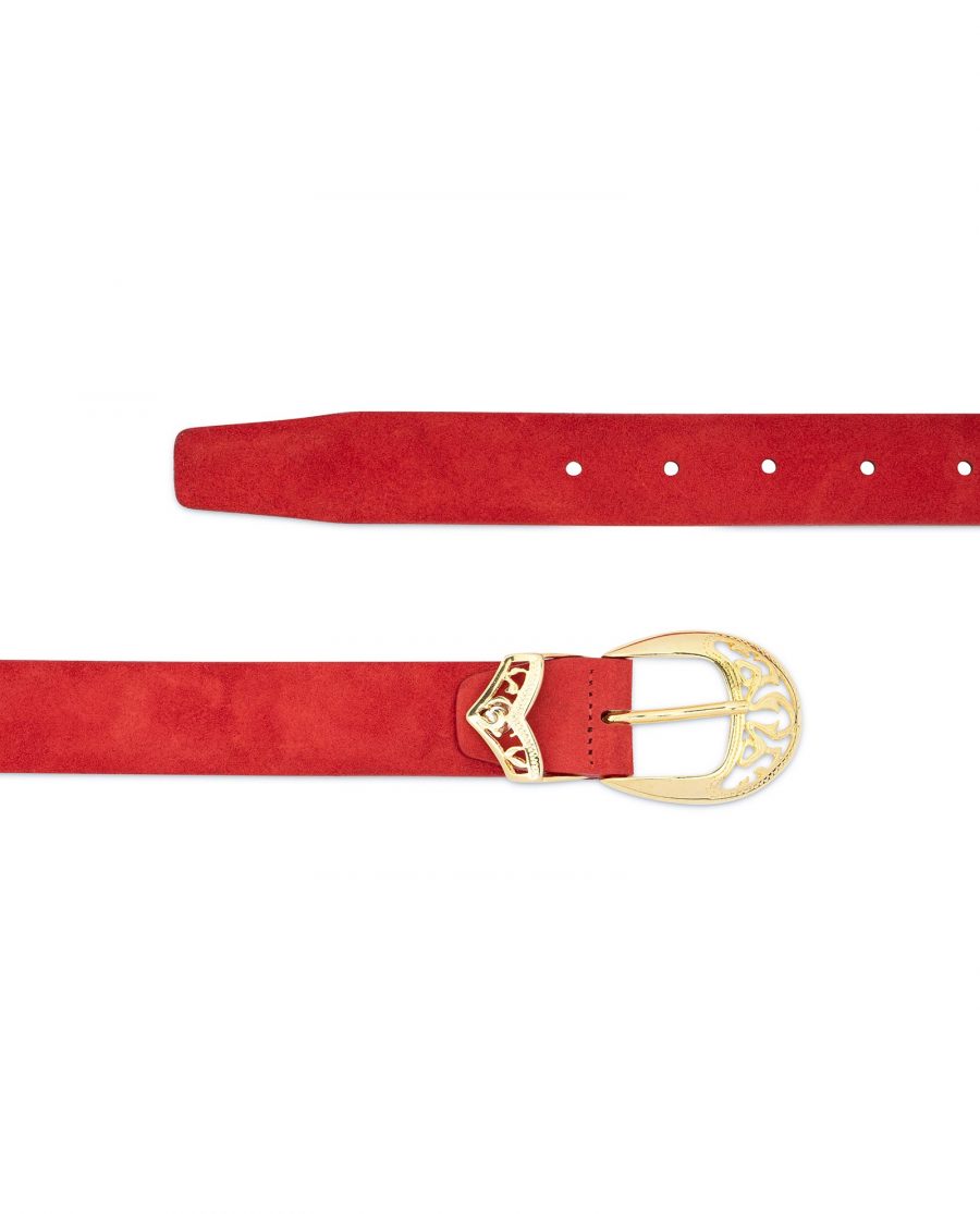 Womens Red Suede Belt with Gold buckle 2