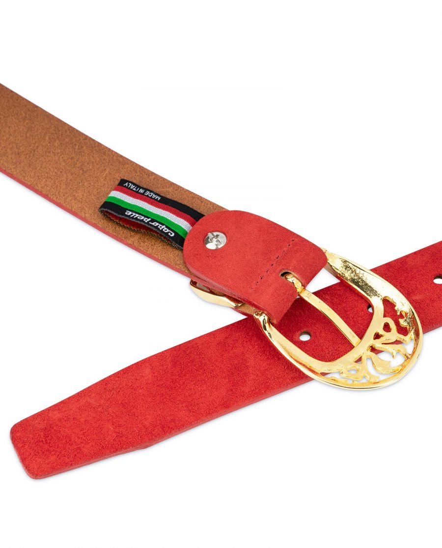 Womens Red Suede Belt with Gold buckle 4