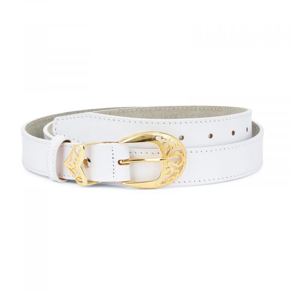 Womens White Western Belt with Gold Buckle 1