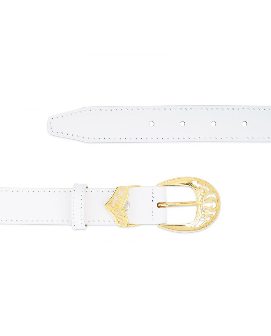 Womens White Western Belt with Gold Buckle 2