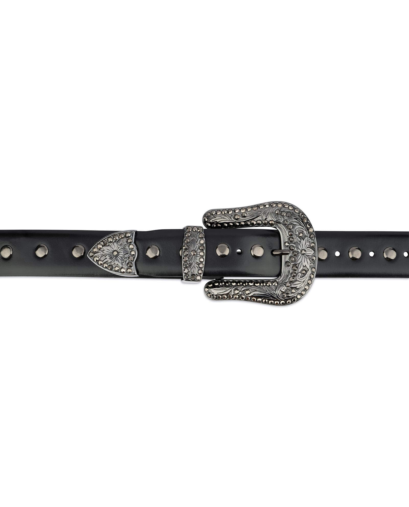 Women's Western Rhinestone studded Leather Belt - Black