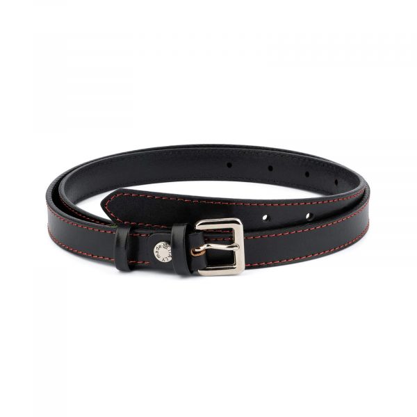 Womens Black Leather Belt Red Stitched 1