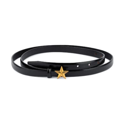 Womens Thin Black Belt Brass Star Buckle 1