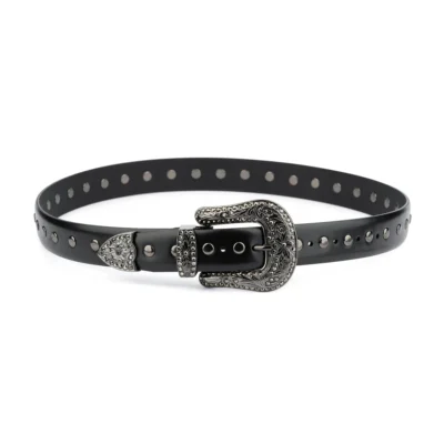 Black Studded Western Belt Rhinestone Silver Buckle 1