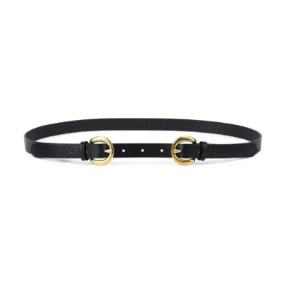 Leather Double Buckle Belt Black Gold Brass 1