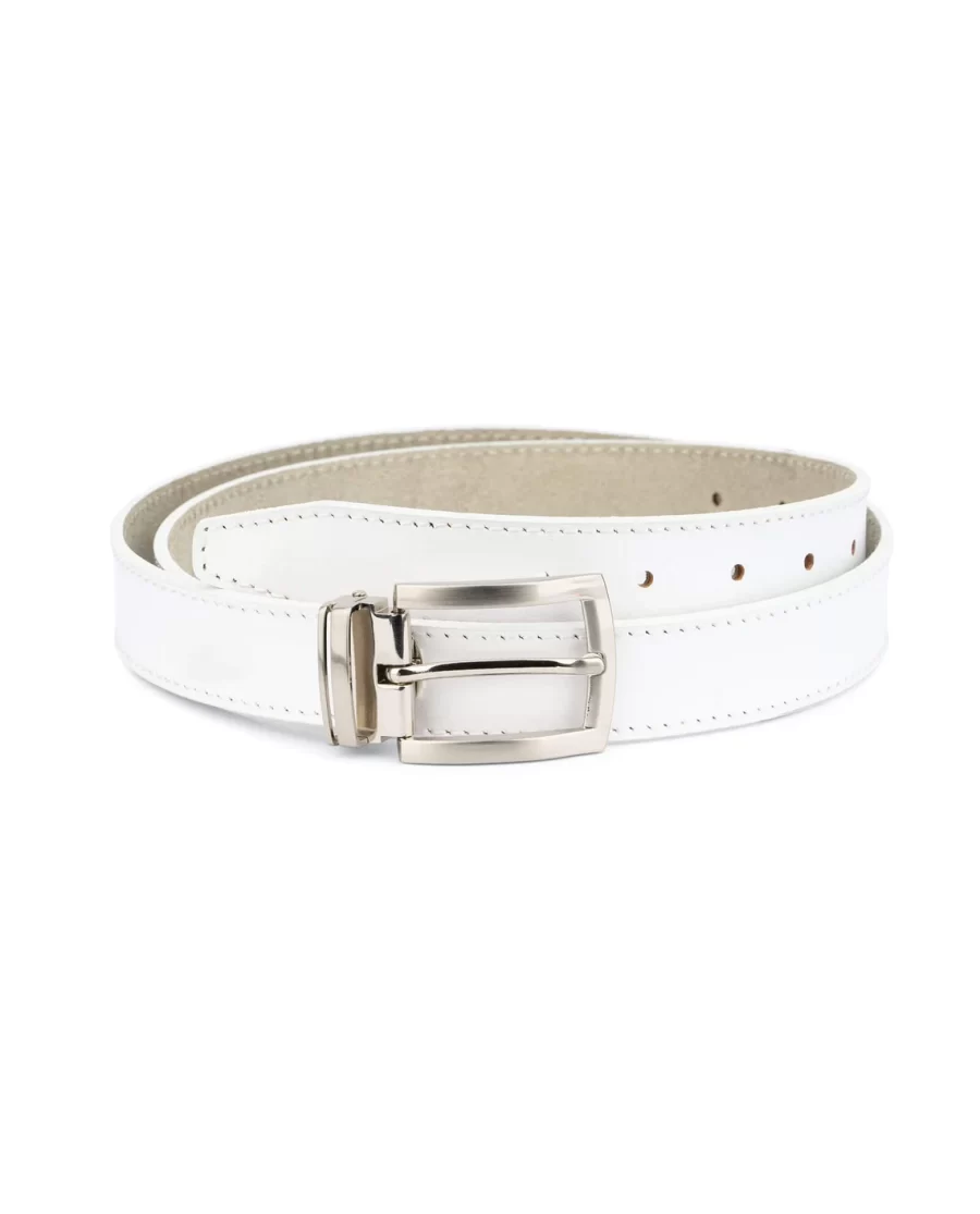 Mens White Leather Belt Classic Buckle 30 mm 1