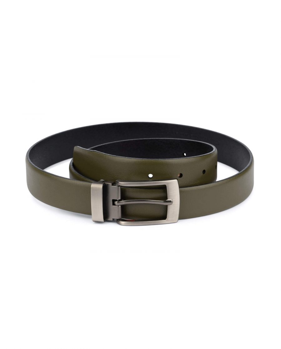 Olive green leather belt for men with gray buckle 1