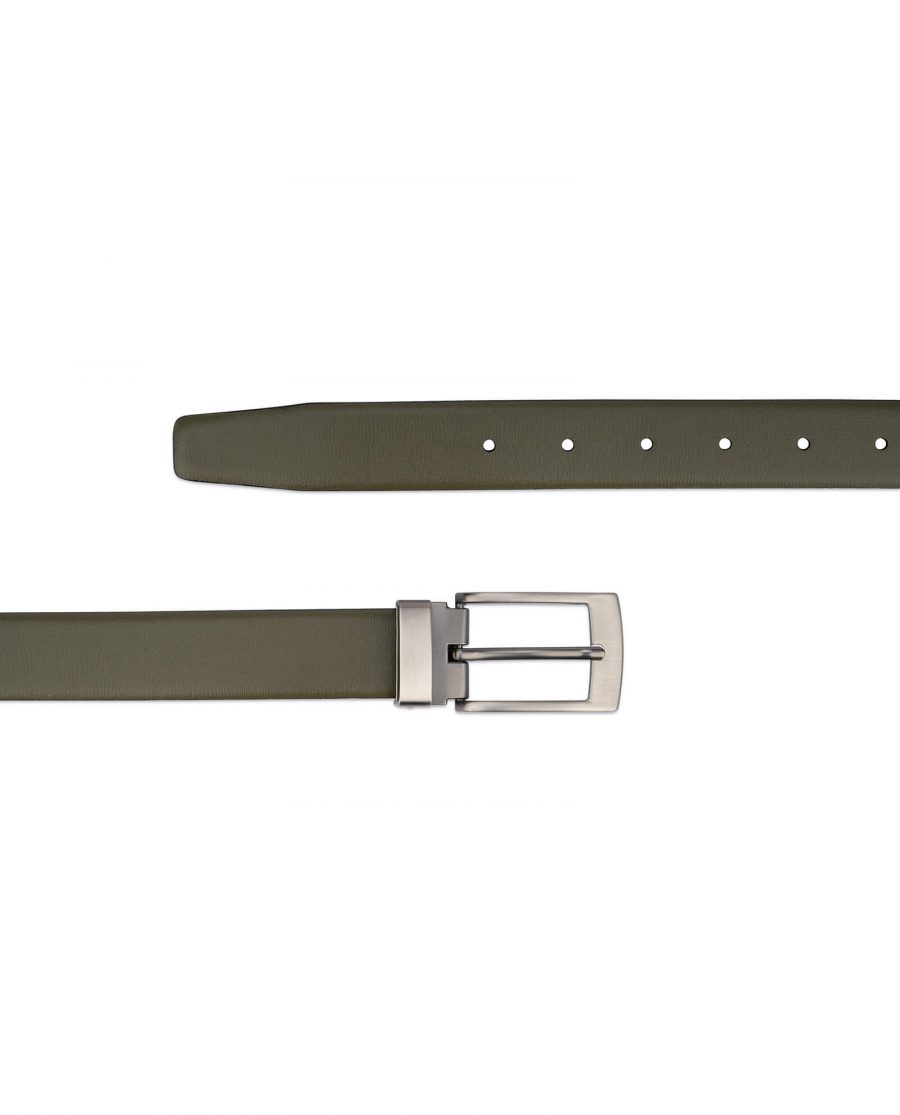 Olive green leather belt for men with gray buckle 2