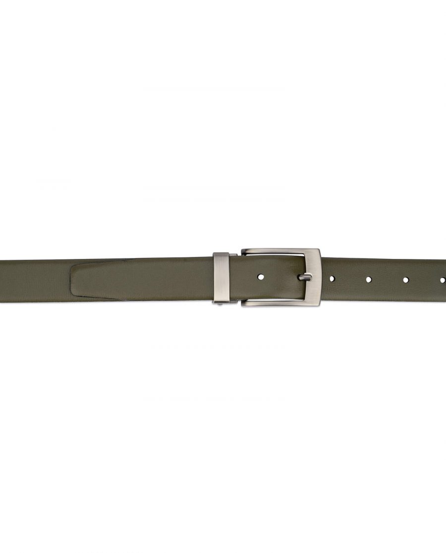 Olive green leather belt for men with gray buckle 3