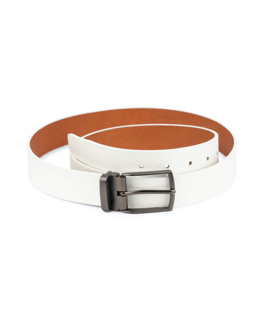 White Leather Belt For Men Pebbled Calfskin 3 5 cm 1