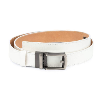 White leather men s click belt with gray buckle AUWH35CLGR 1