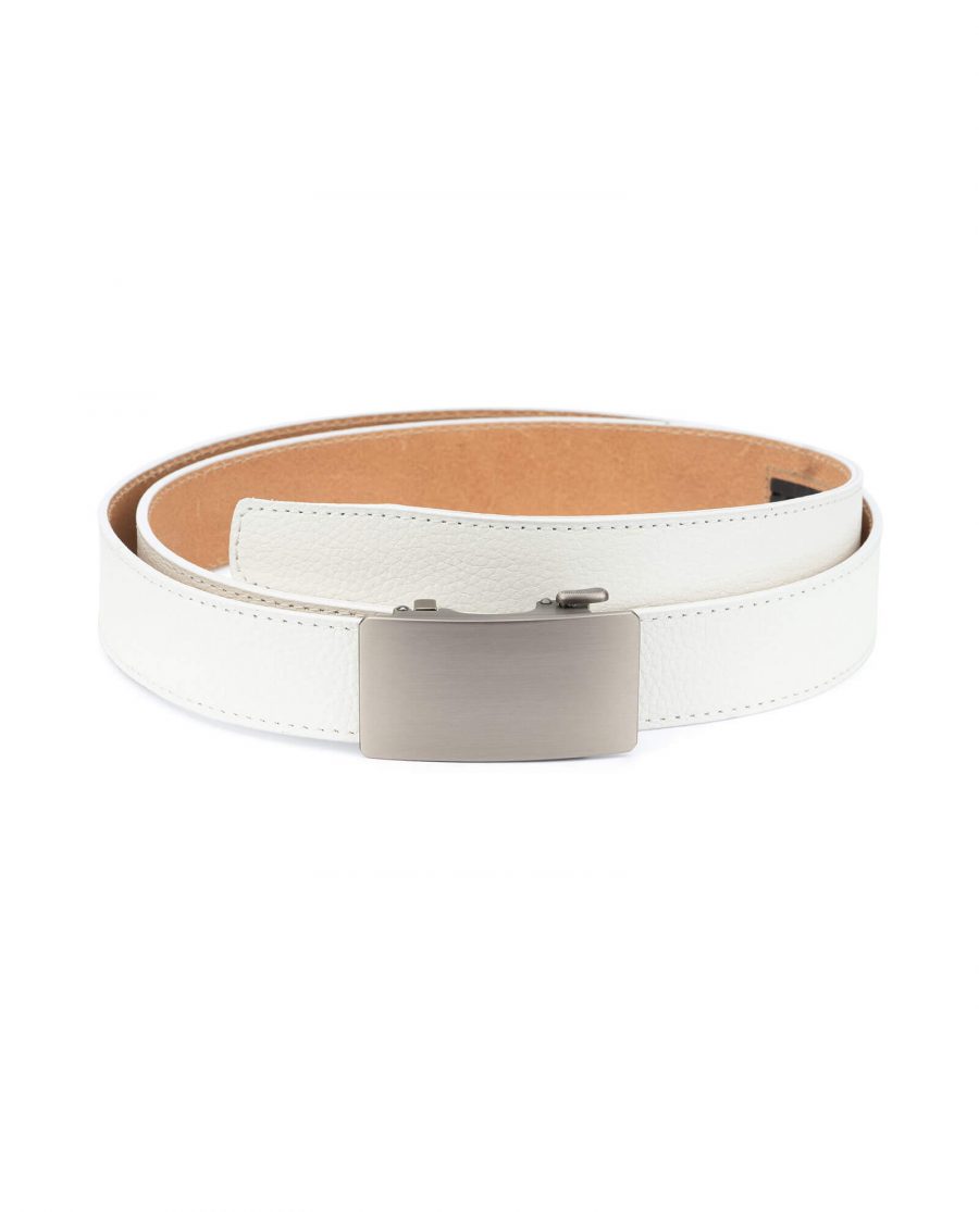 White ratcheting leather belt with blank buckle RTWH35GRPL 1