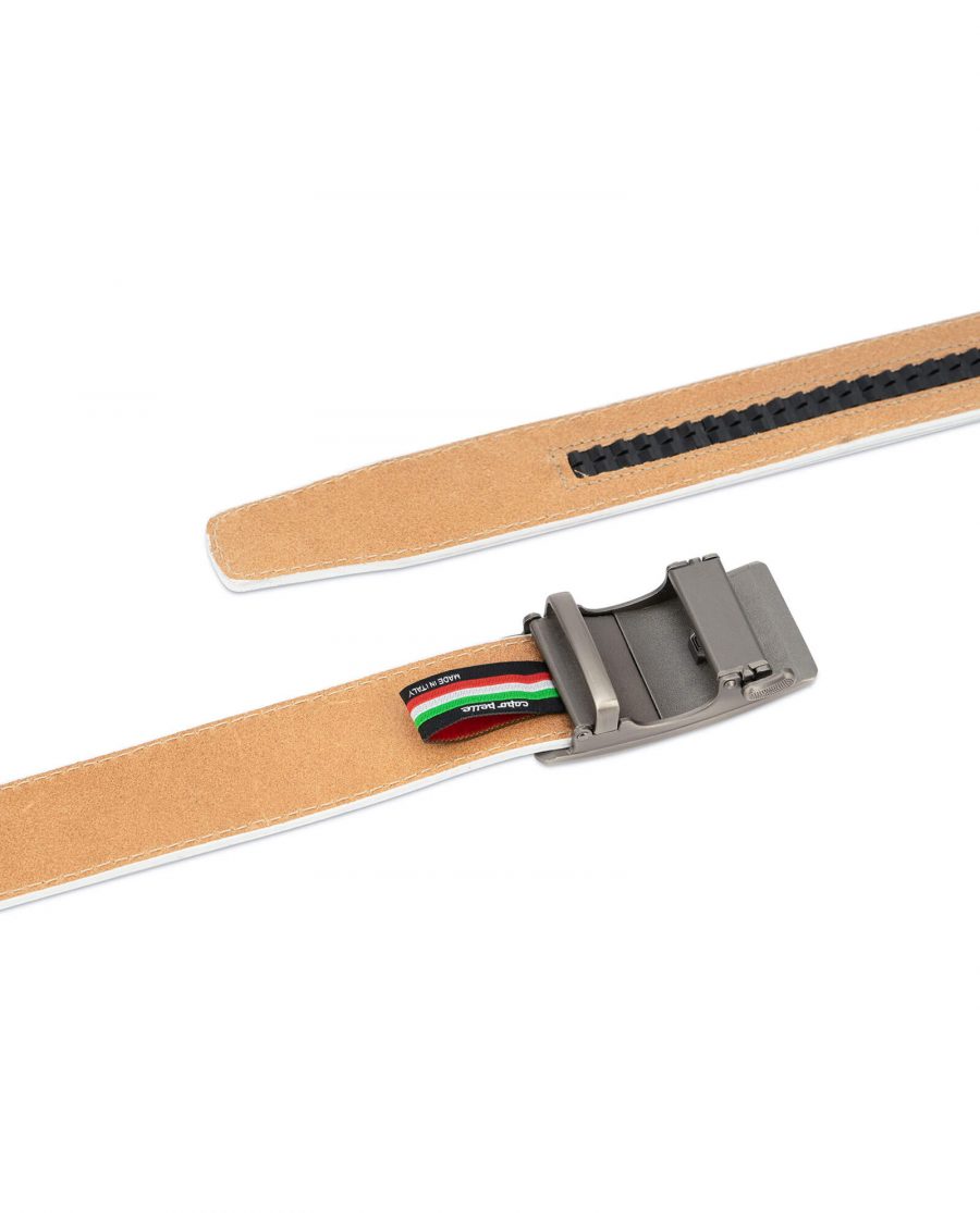 White ratcheting leather belt with blank buckle RTWH35GRPL 5