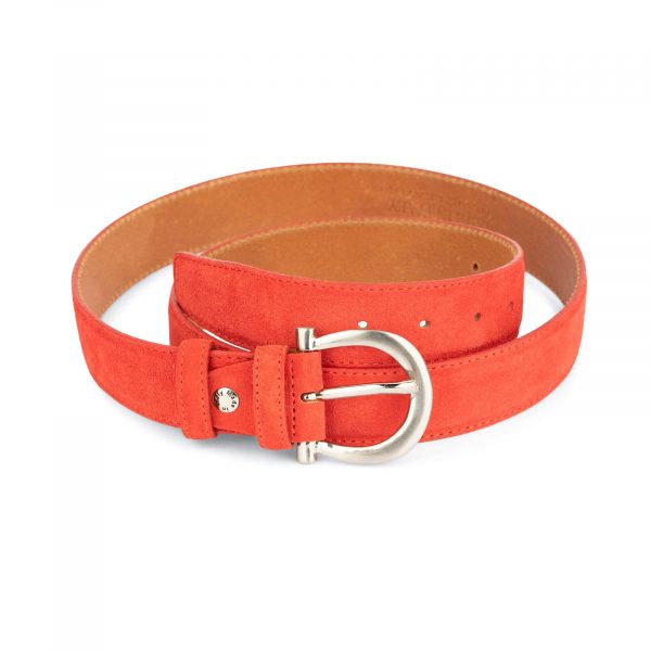 red suede belt for women with horse shoe buckle 1