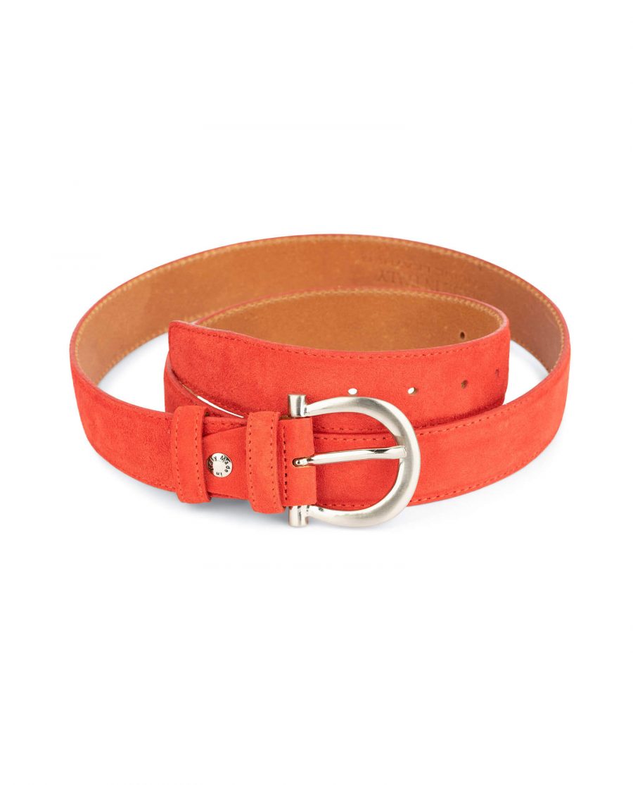 red suede belt for women with horse shoe buckle 1