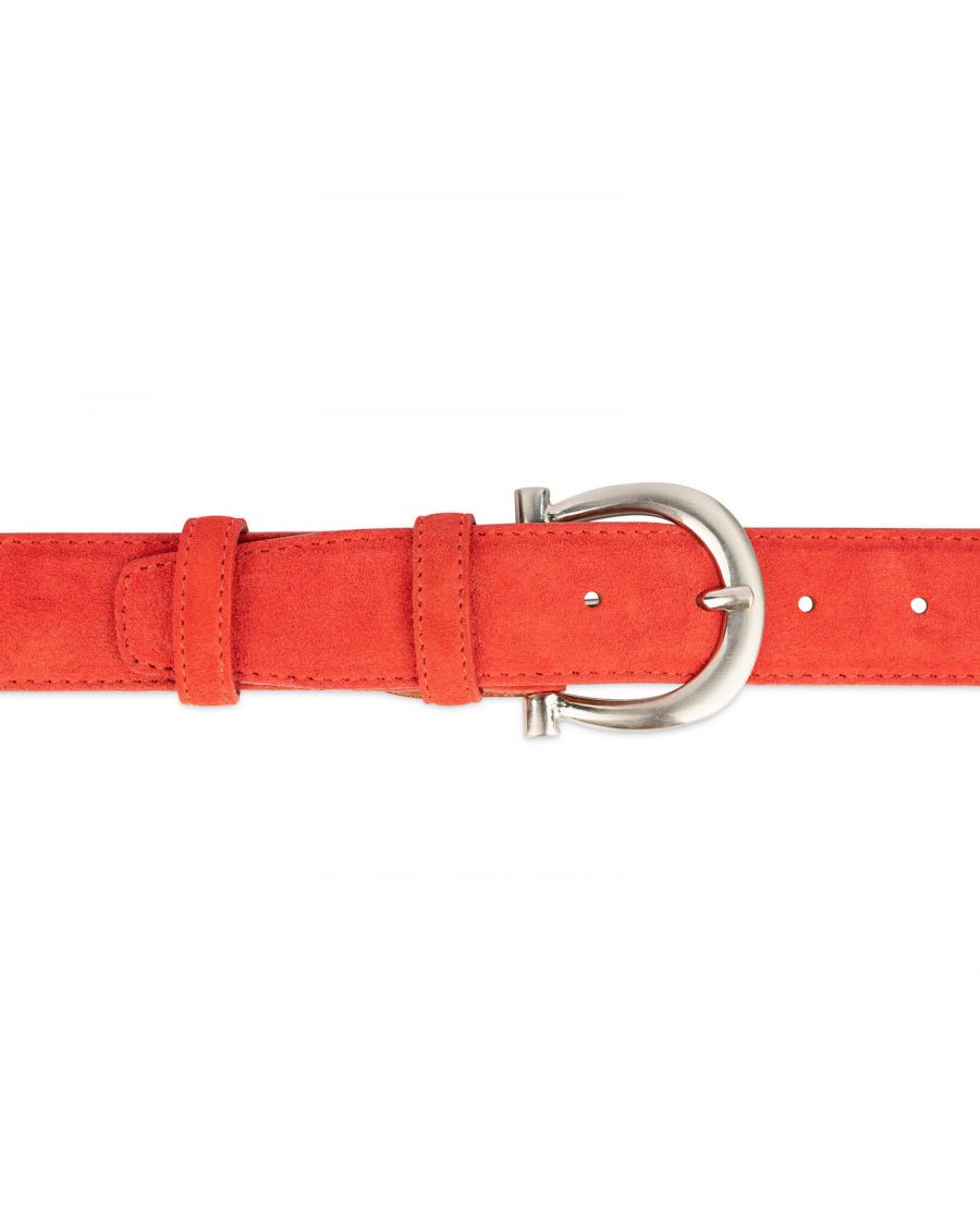 red suede belt for women with horse shoe buckle 3
