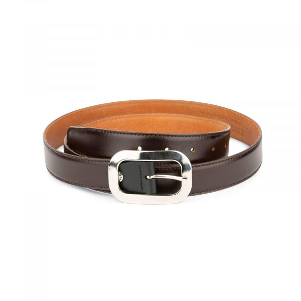 womens brown leather belt with silver buckle 1