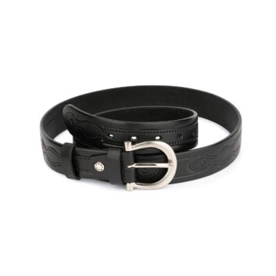 womens embossed leather belt with horse shoe buckle 1