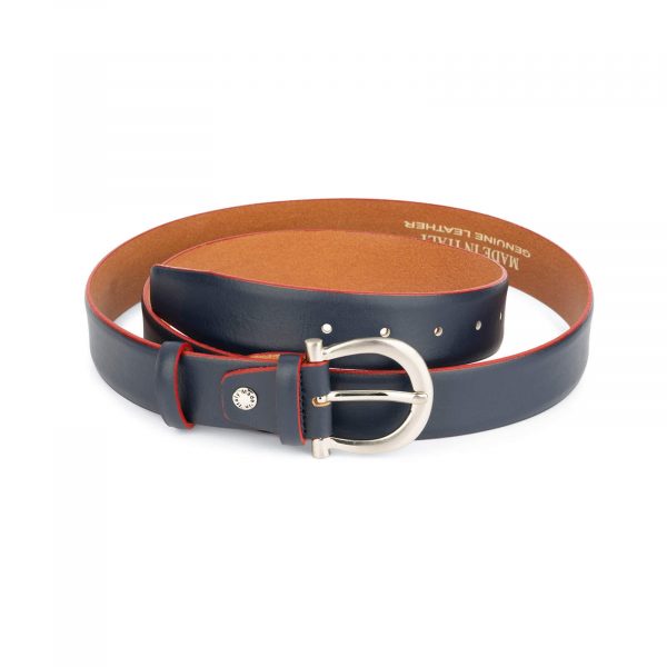 womens navy blue leather belt with red edges 1