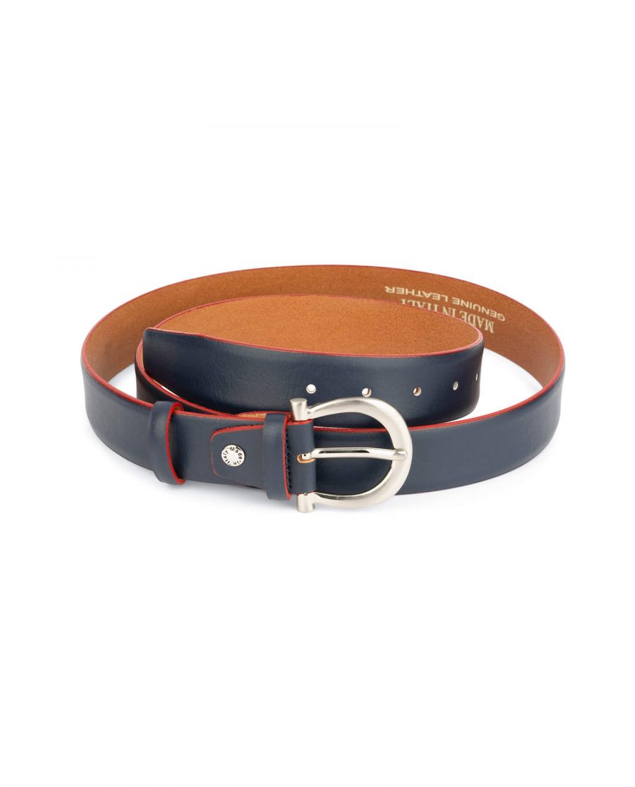 womens navy blue leather belt with red edges 1
