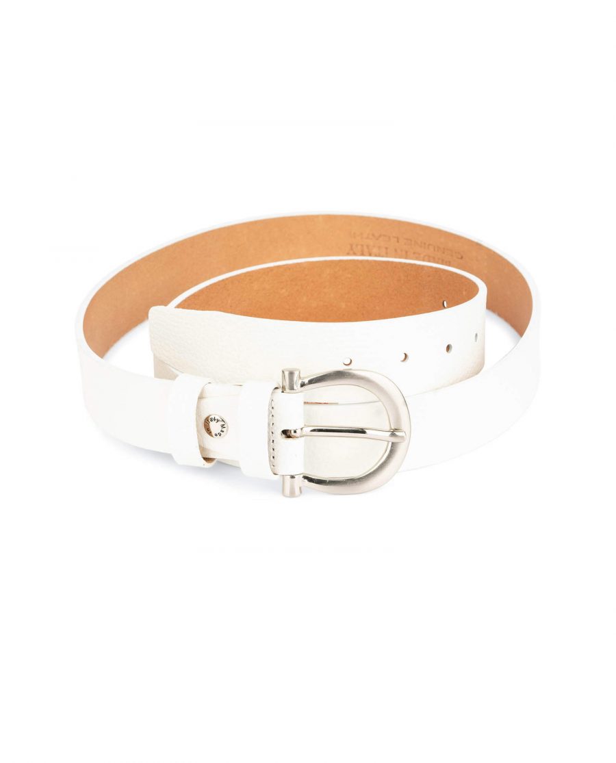 womens white leather belt with silver buckle 1