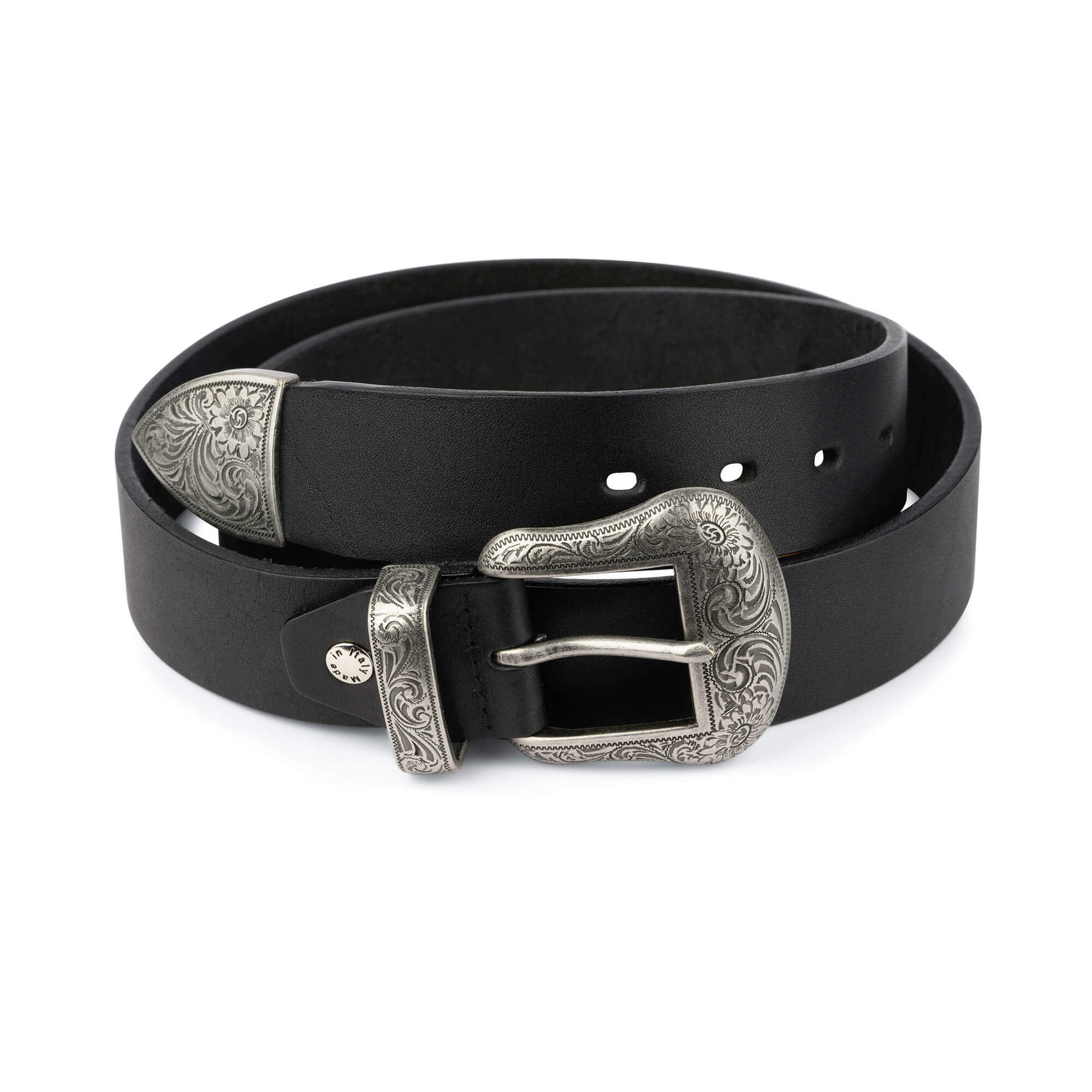Black Men's Cowboy Belt Silver Buckle | Full Grain Leather 40 mm 28 / 70 cm - Black | Capo Pelle