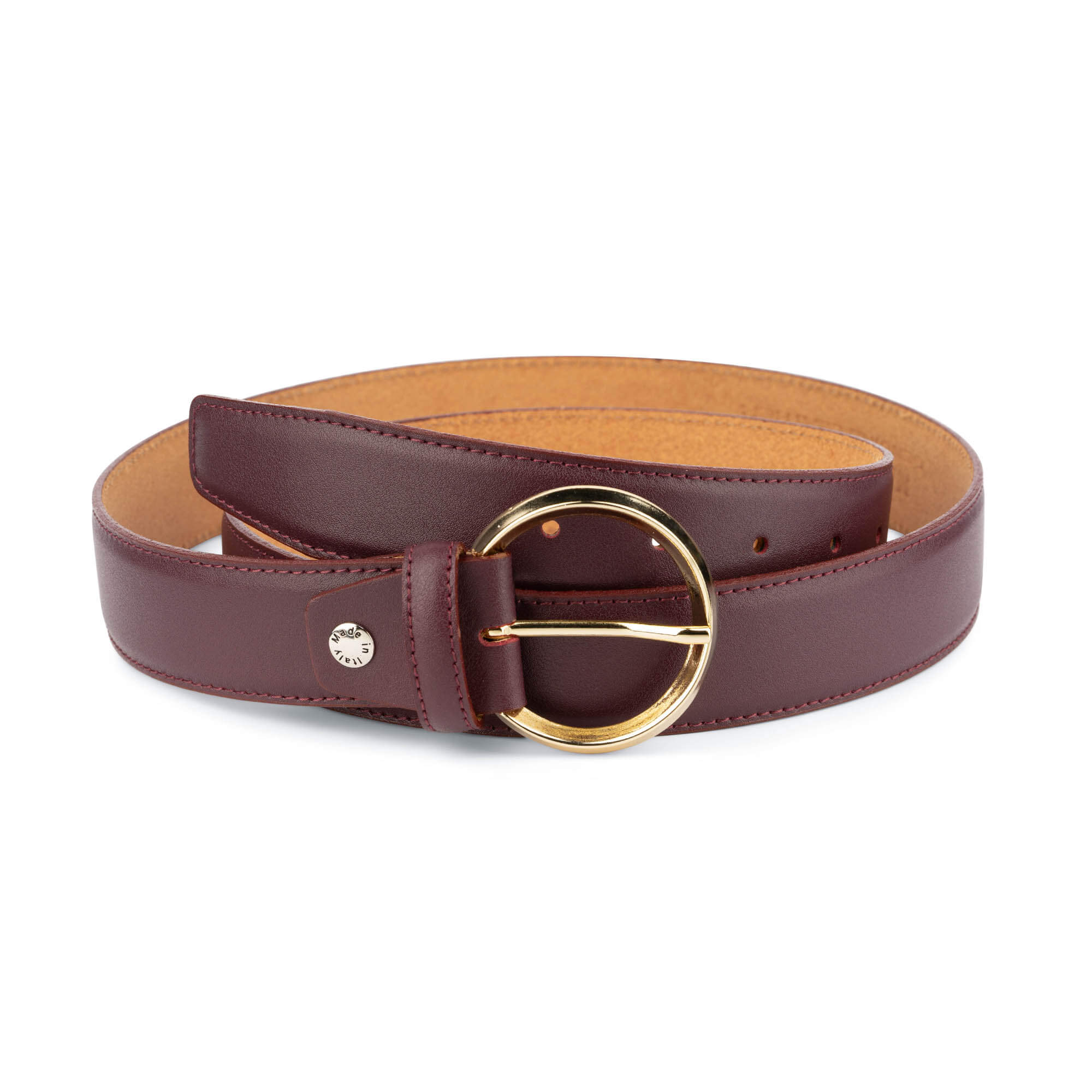Buy Burgundy Leather Belt With Gold Circle Buckle | LeatherBeltsOnline