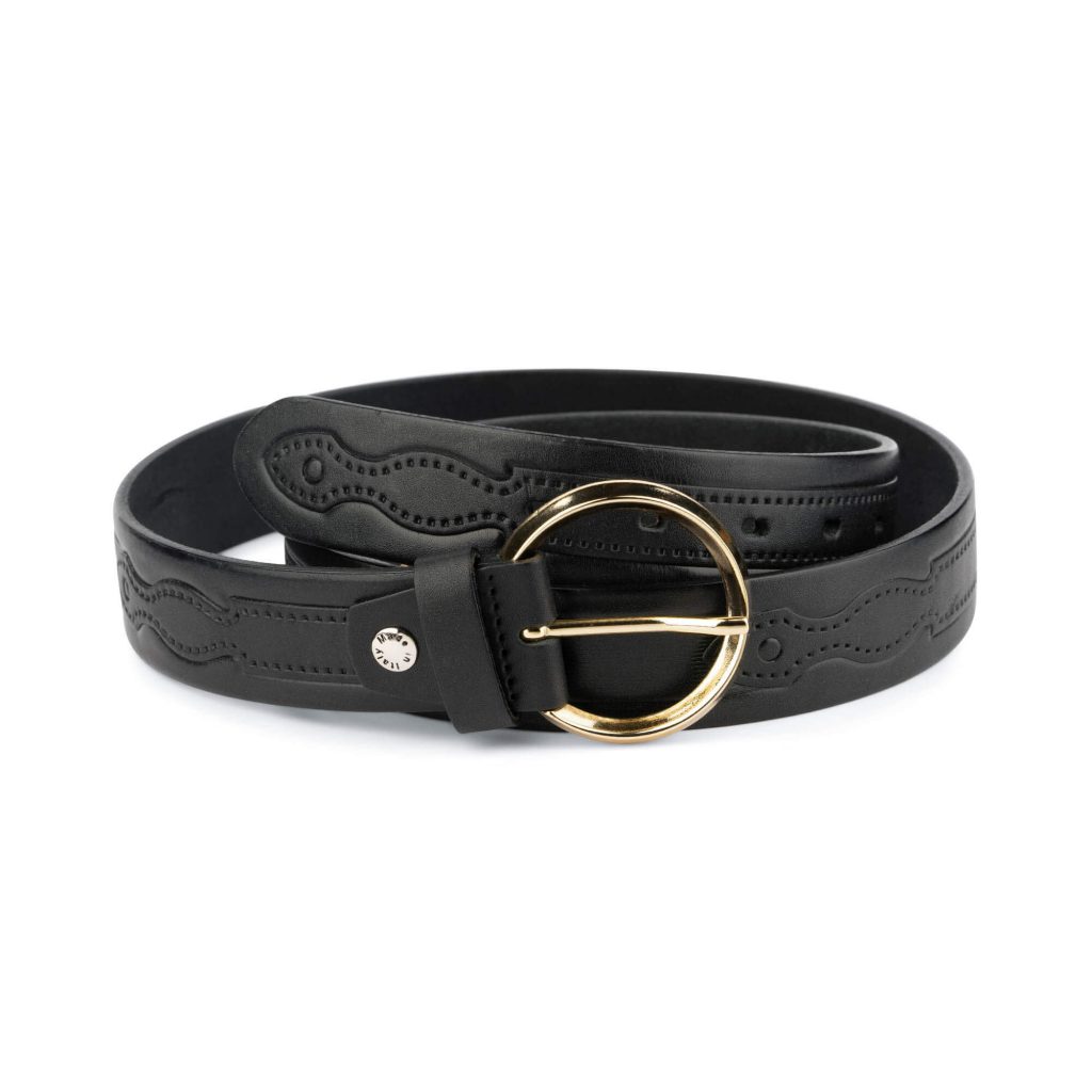 Buy Embossed Leather Belt With Gold Round Buckle | LeatherBeltsOnline