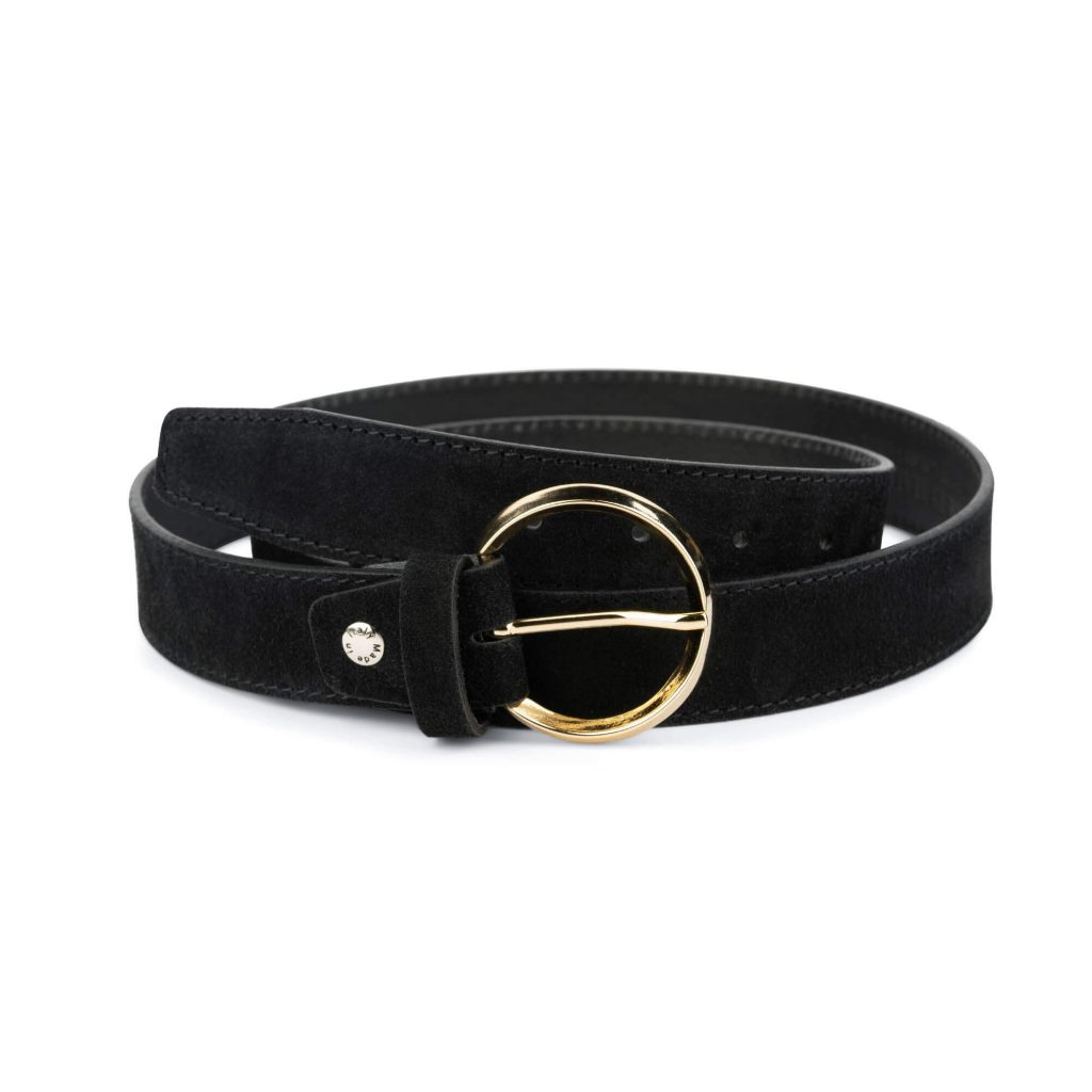 Buy Suede Black Belt With Golden Round Buckle | LeatherBeltsOnline