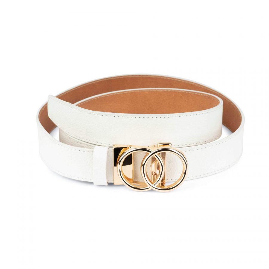 Buy White Double Circle Gold Buckle Ratchet Belt | LeatherBeltsOnline