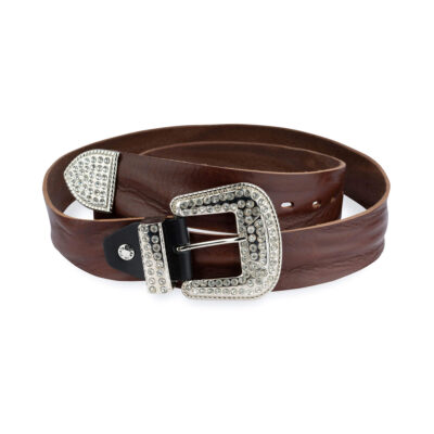 Rhinestone Buckle Belt Cowgirl Brown Full Grain Leather 1