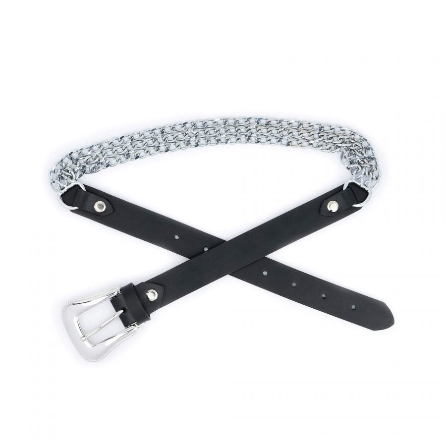 Western Silver Chain Belt For Women Black Full Grain Leather 1