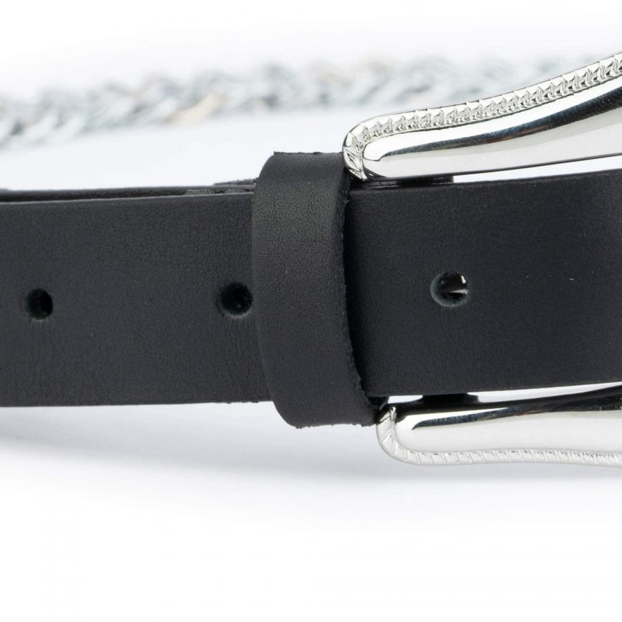 Western Silver Chain Belt For Women Black Full Grain Leather 6