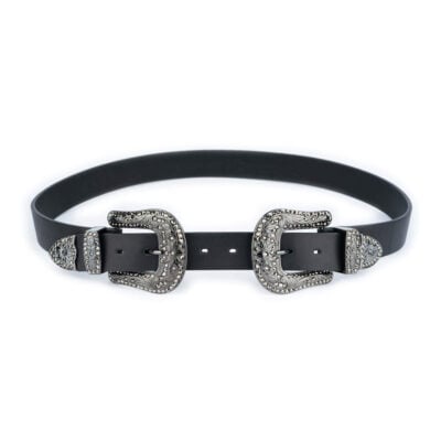western double buckle belt black rhinestones 3 5 cm 1
