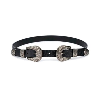 Western Double Buckle Belt For Women Black Croco Leather 1