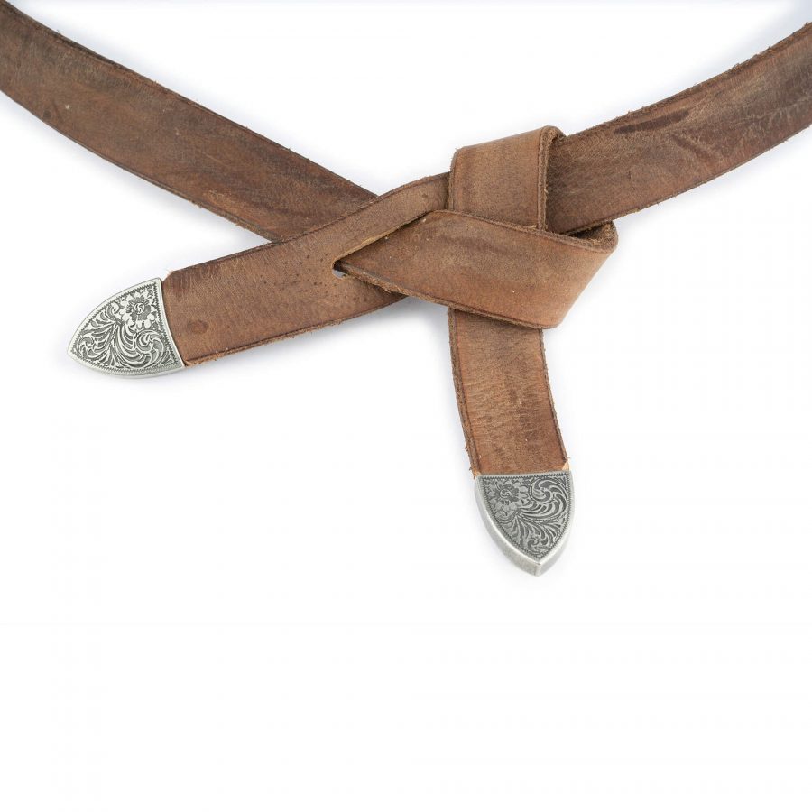 Western Tie Leather Belt Tan Brown With Silver Tips 2