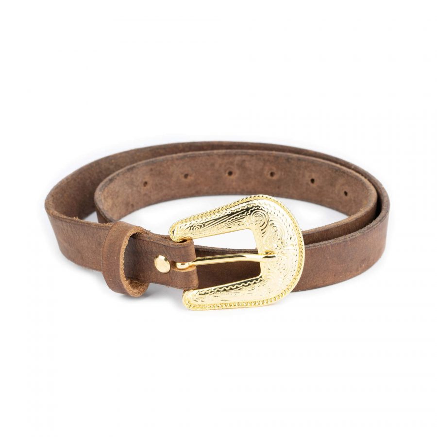 brown handmade western belt with gold buckle 1