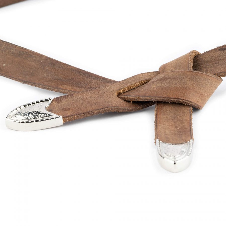 Western Tie Leather Belt Brown Tan With Silver Nickel Tips 2