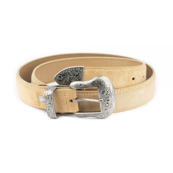 beige suede western belt with silver buckle 1