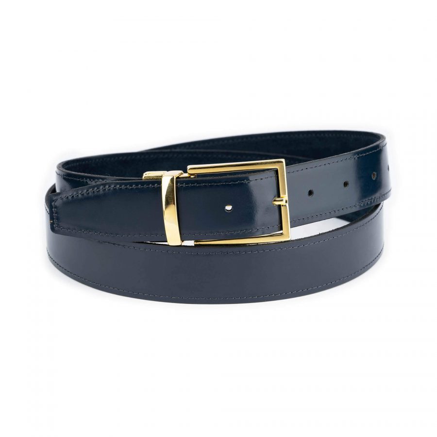 blue reversible mens belt with gold buckle 1