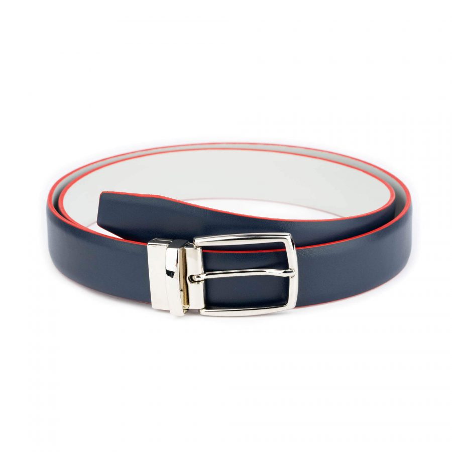 navy blue reversible mens belt with silver buckle 1