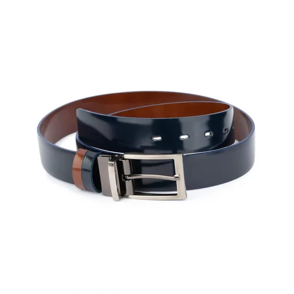 Reversible Belt in Blue Navy Saffiano and Brown Leather