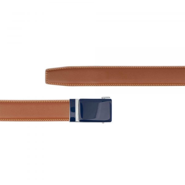 ratchet vegan leather belt with blue buckle