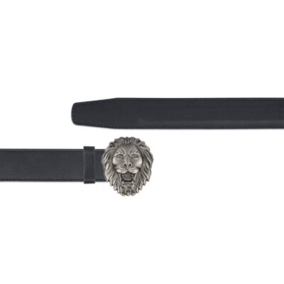 black mens ratchet belt with lion head buckle