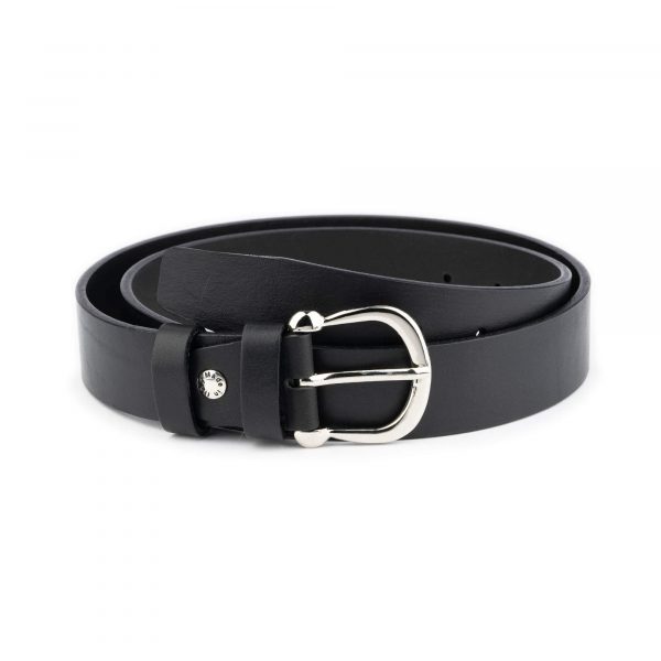 black womens leather belt with large horseshoe buckle 1