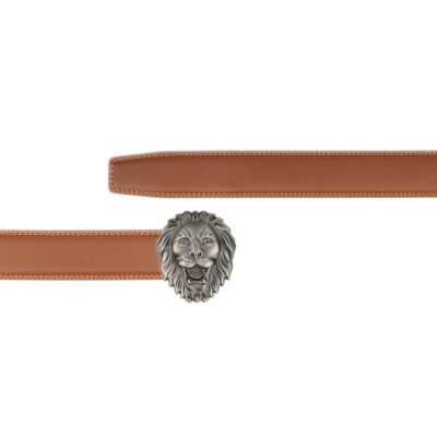 brown mens vegan belt with lion head buckle copy