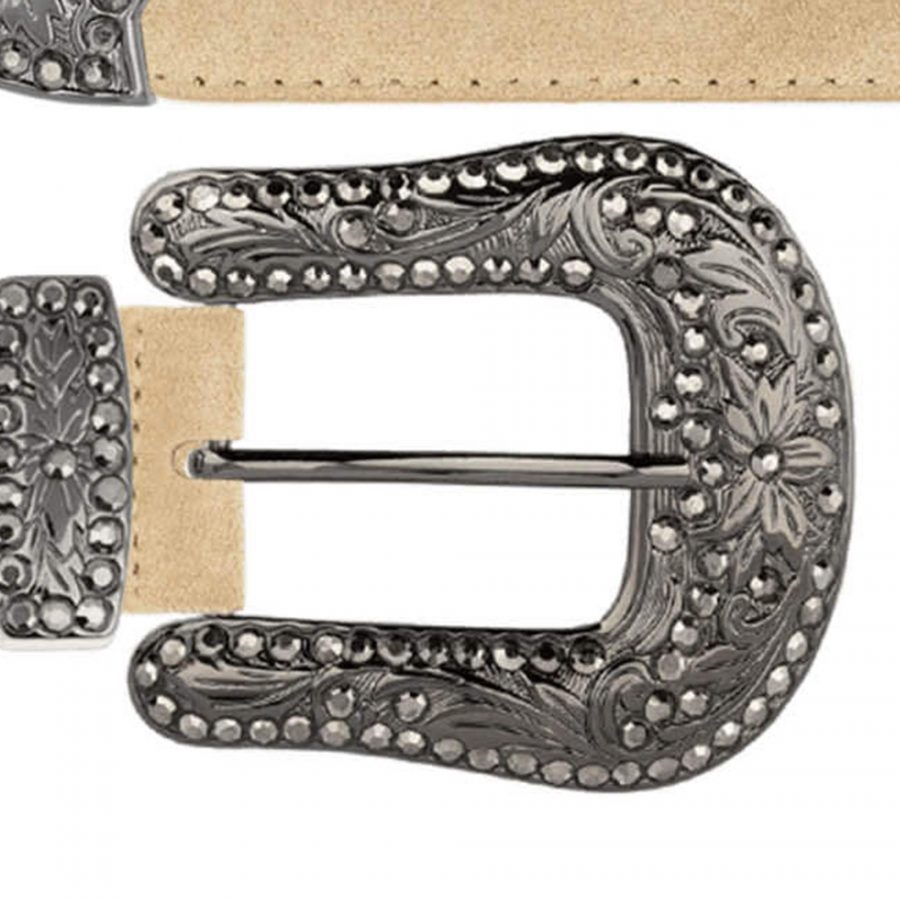 Beige suede womens cowboy belt with black rhinestone buckle copy